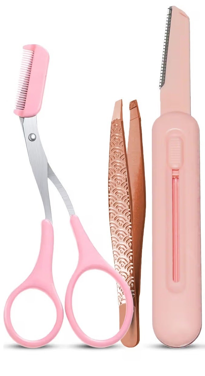 3-piece set of scissors and shaping cutter for eyebrows, defined eyebrow scissors with comb for precise trimming, ideal for shaping eyebrows and eyelashes for women and men (pink color) - Image 1